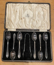Set Of 6 EPNS Vintage Teaspoons And Sugar Tongs In Original Presentation Case