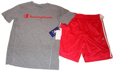 NWT Champion Boys 2-Piece Set Gray Graphic T-Shirt Red Mesh Shorts Sz LARGE 12 