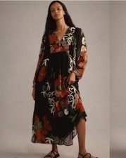Farm Rio x Anthropologie Long-Sleeve V-Neck Floral Maxi Dress Size small