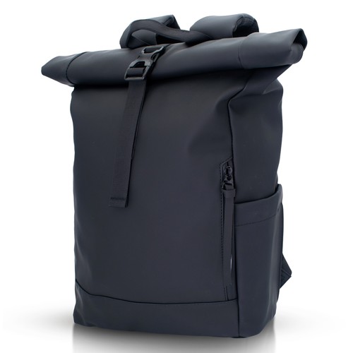 iNeq Roll Top Black Backpack Water Resistant Rucksack Padded 15.6" Laptop Comp