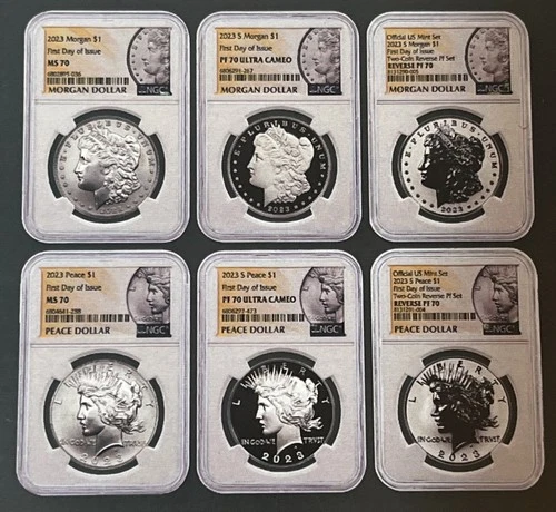 2023 Morgan & Peace Dollars  6 Coin Set FDOI,NGC MS/PR/PF 70 *Morgan-Peace Label