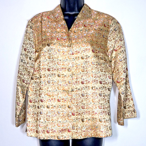 Connie Roberson Brocade Jacket M Silk gold button front 3/4 sleeve floral Vtg