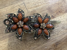 Large Metal Beaded Hair Clip, Vintage, Orange stones