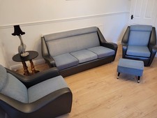 Mid century sofa and chairs Black Vinyl And Pale Blue Boucle Local Delivery 🚚