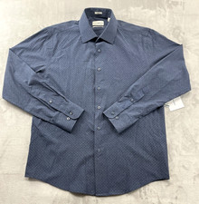 Lucky Brand Shirt Men Medium 15-15 1/2 Navy Geometric Slim Fit Wrinkle Free City