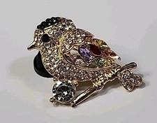 Magpie Brooch Lapel Pin Bird Encrusted w/ Multi-Color Faceted Faux Gems