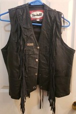 90s Vintage Route 66 Black Leather Fringe Vest Biker Motorcycle Woman's Large