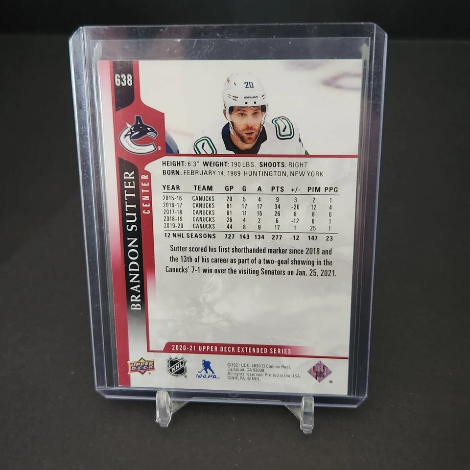2020-21 Upper Deck Extended Series UD Exclusives /100 Brandon Sutter #638 - Image 2 of 3