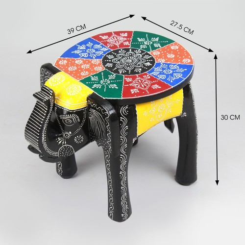 Wooden Elephant Stool Colorful Top Design Hand painted Home Decorative 12 inch - Picture 4 of 4