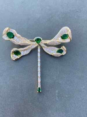 Dragonfly Brooch Pin 4 Ct Trillion Cut Simulated Emearld 14k Yellow Gold Plated