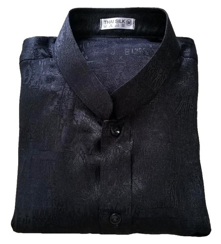 Mens Mandarin Collar Shirt Jacquard Thai Silk Long-Short Sleeve Casual Small-3XL - Picture 14 of 59