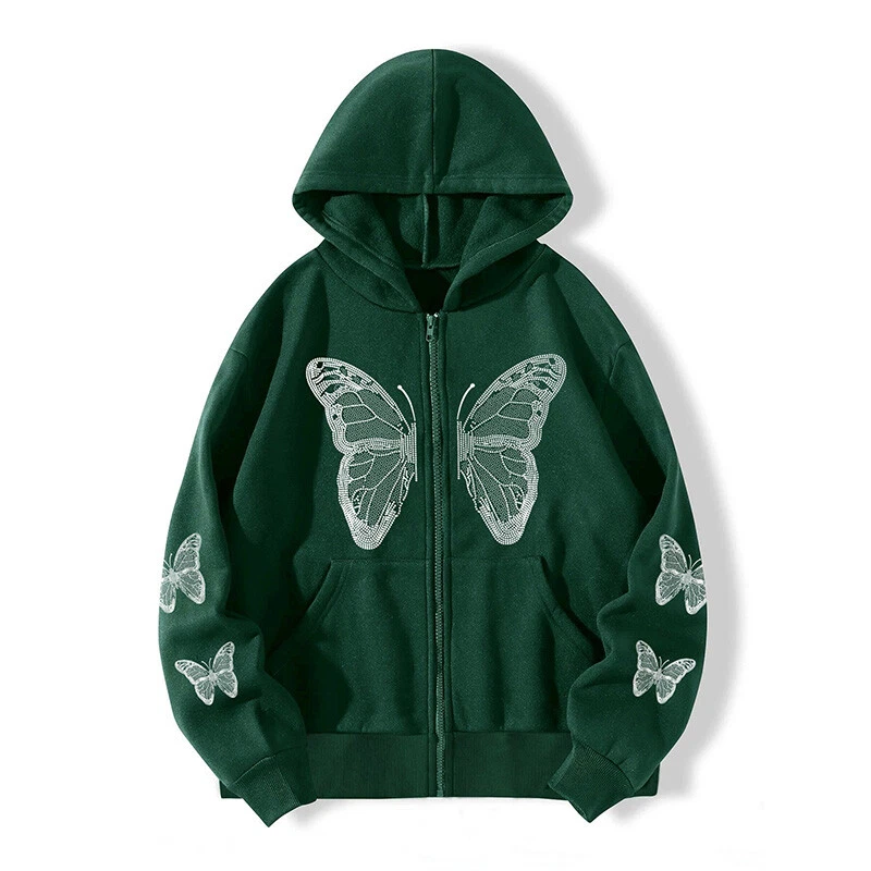 Womens Butterfly Print Hoody Sweatshirt Sports Casual Baggy Zipper Hoodies  Tops | eBay
