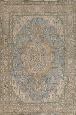 Vintage Over-Dyed Light Blue Geometric Tebriz Traditional Handmade Area Rug 7x10
