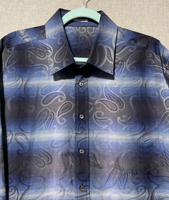 Bugatchi Uomo Shirt Mens XL Blue Paisley Ombre Shaped Fit Flip Cuff Modern