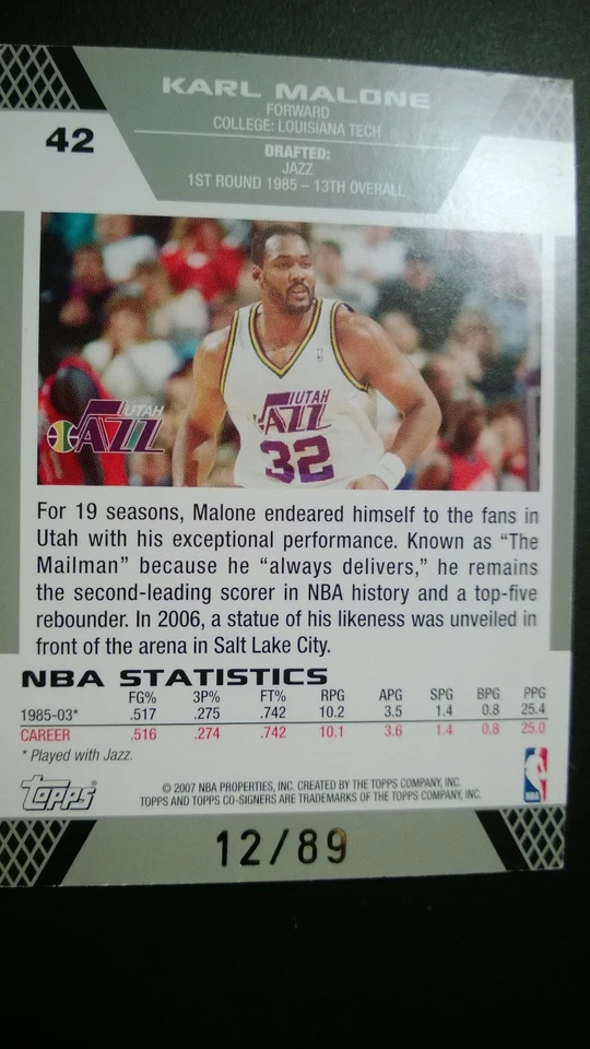 2007 Topps Co-Signers CARLOS BOOZER / KARL MALONE Parallel 12/89 Utah Jazz - Image 2 of 3