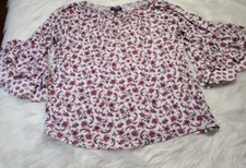 Chaps-Lg-White with Pink flowers, 1/2 Button, 3/4 Layered Flare Sleeves