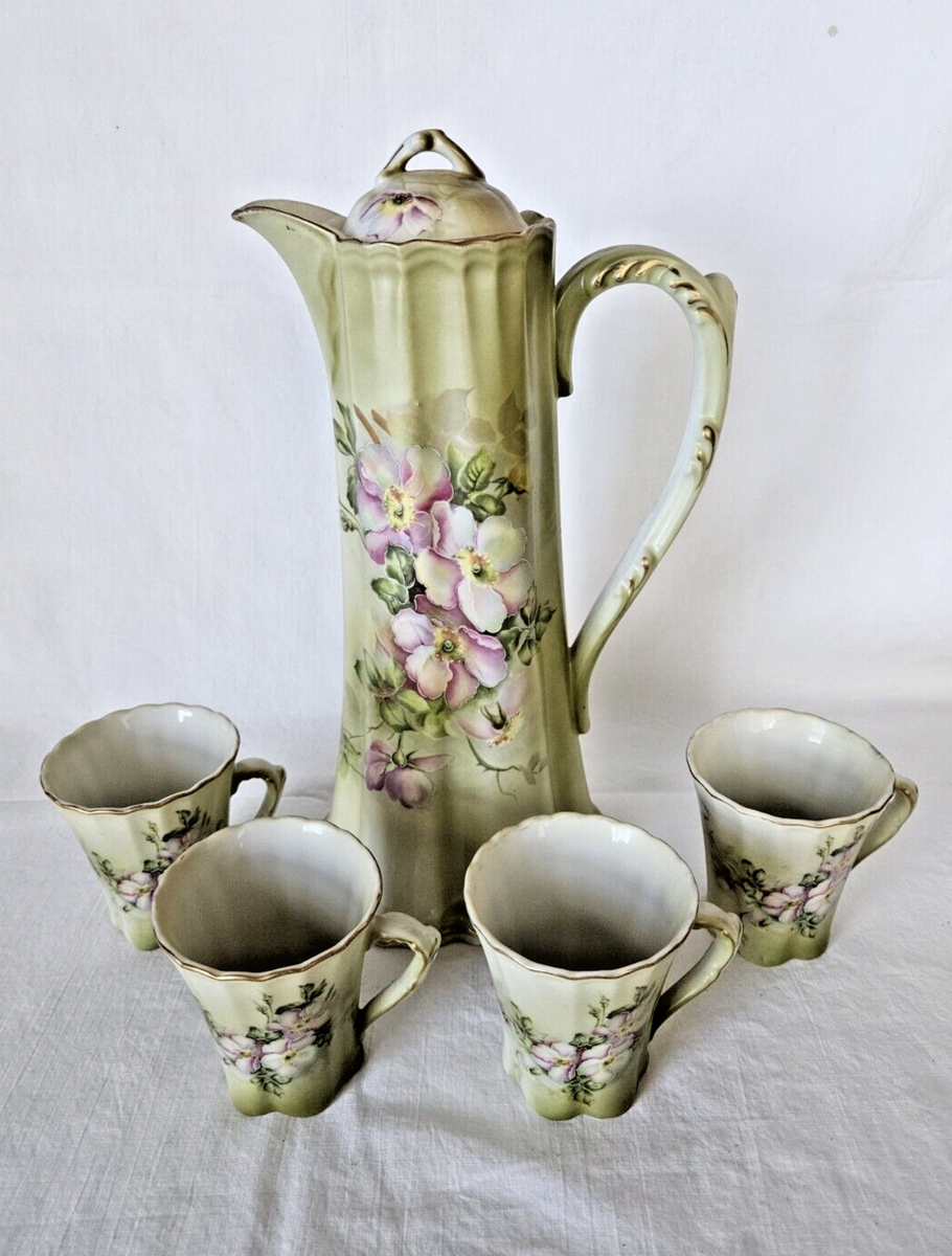 Vintage Nippon Hand Painted Dogwood 5 Pc Chocolate Pot Tea Set