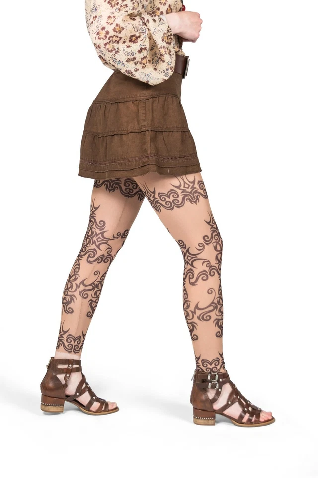 Leggings Tatuaje Mehndi Rosa Salvaje Damas, Malla Tostada Encaje Tribal Henna Blackwork Foto 3 de 4