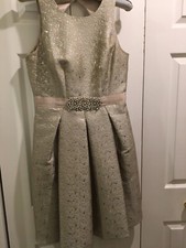 Woman’s Gold Silver Metallic Dress Jacquard Size 4 Rhinestone Pearl Buckle- LUXE