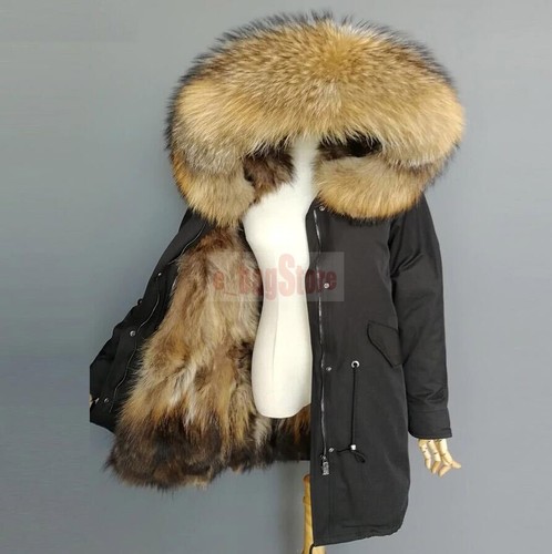 Winter Women's Real Raccoon Fur Coats Collar Long Hooded Parka Overcoat Jackets - Picture 6 of 56