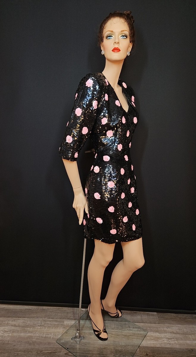 Black Tie Oleg Cassini Sz 10 Sequin Beaded Polka Dot Dress Suit W Bolero Vintage