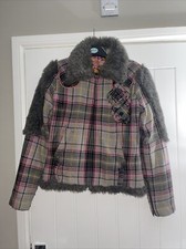Tartan Coat Grey Pink Yellow With Faux Fur And Jewl Detail Medium