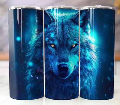 Blue Lone Wolf Tumbler 20oz Stainless Steel Cup Howling Moon Animal Lover Gift