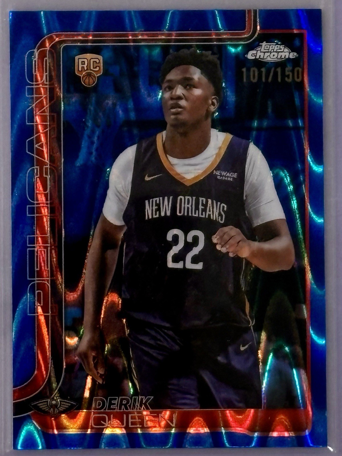 2025-26 Derik Queen Topps Chrome /150 #263 BLUE RAYWAVE REFRACTOR SP CASE HIT RC