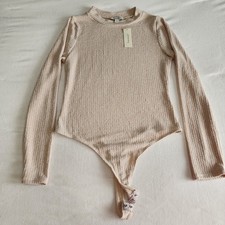 NWT Francesca s Mock Neck Long Sleeve Bodysuit Heather Oat Tan Beige Large