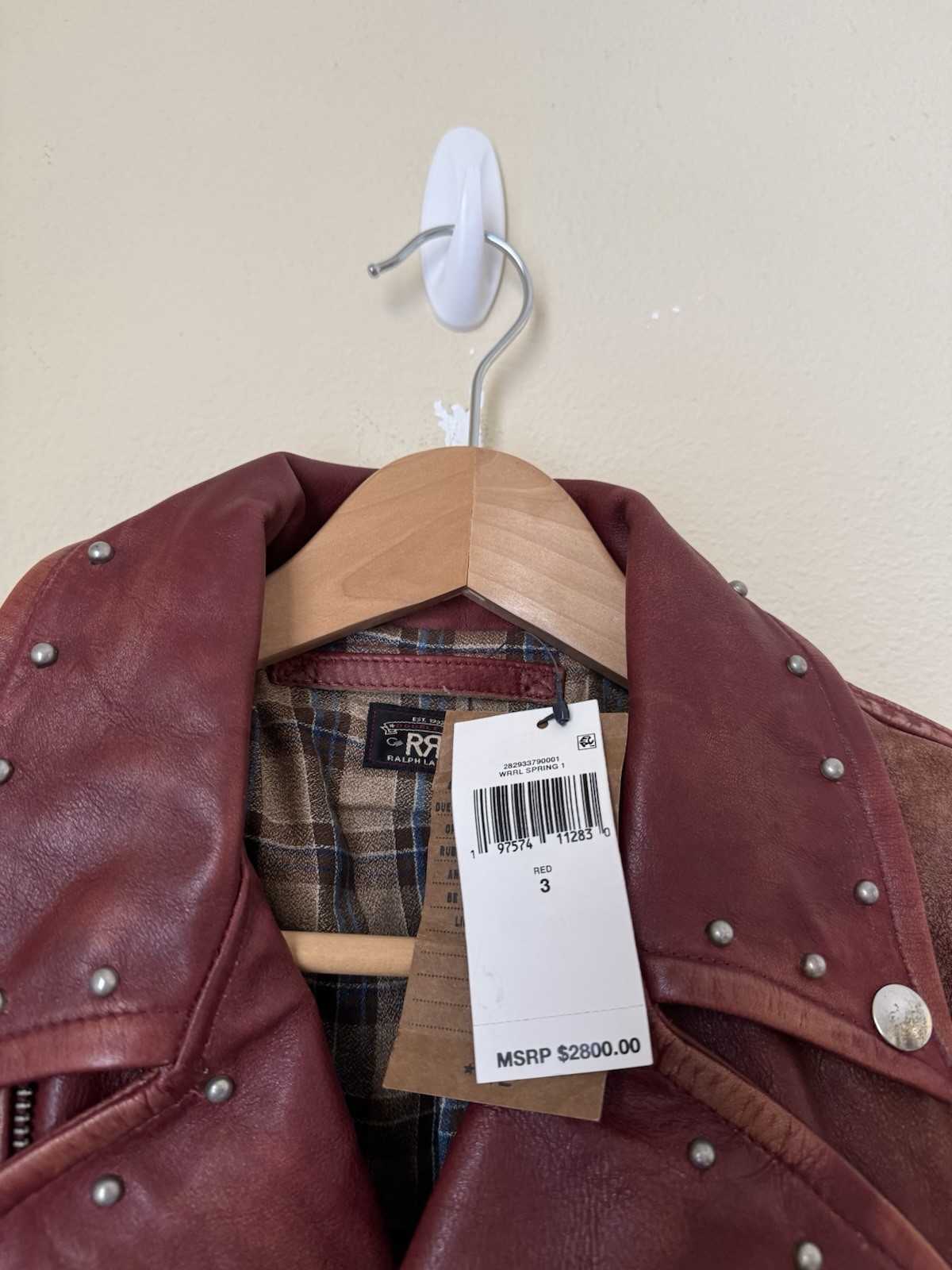 RRL Double RL Ralph Lauren New Studded Leather Moto Jacket Distressed Red Size 3 image 5