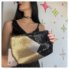 Vintage 80s Tricolor Chainmail Clutch Black Silver Gold Metallic Glam Disco Bag