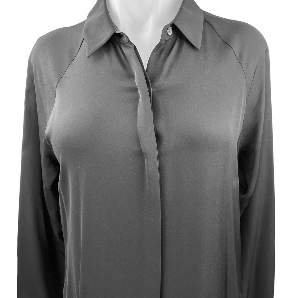 Theory Black 100% Silk Button Down Long Sleeve Collar Maxi Shirt Dress Size 8 - Image 3 of 4