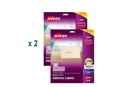 Avery 8660 Address Labels 1'' x 2-5/8'', Matte Clear, Inkjet (2 pack)