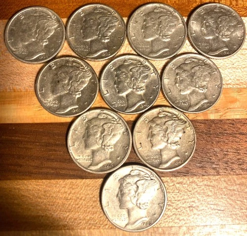Lot of 10 - 1938-1945 Mercury 90% Silver Dimes-  XF-AU - All Diff. Dates