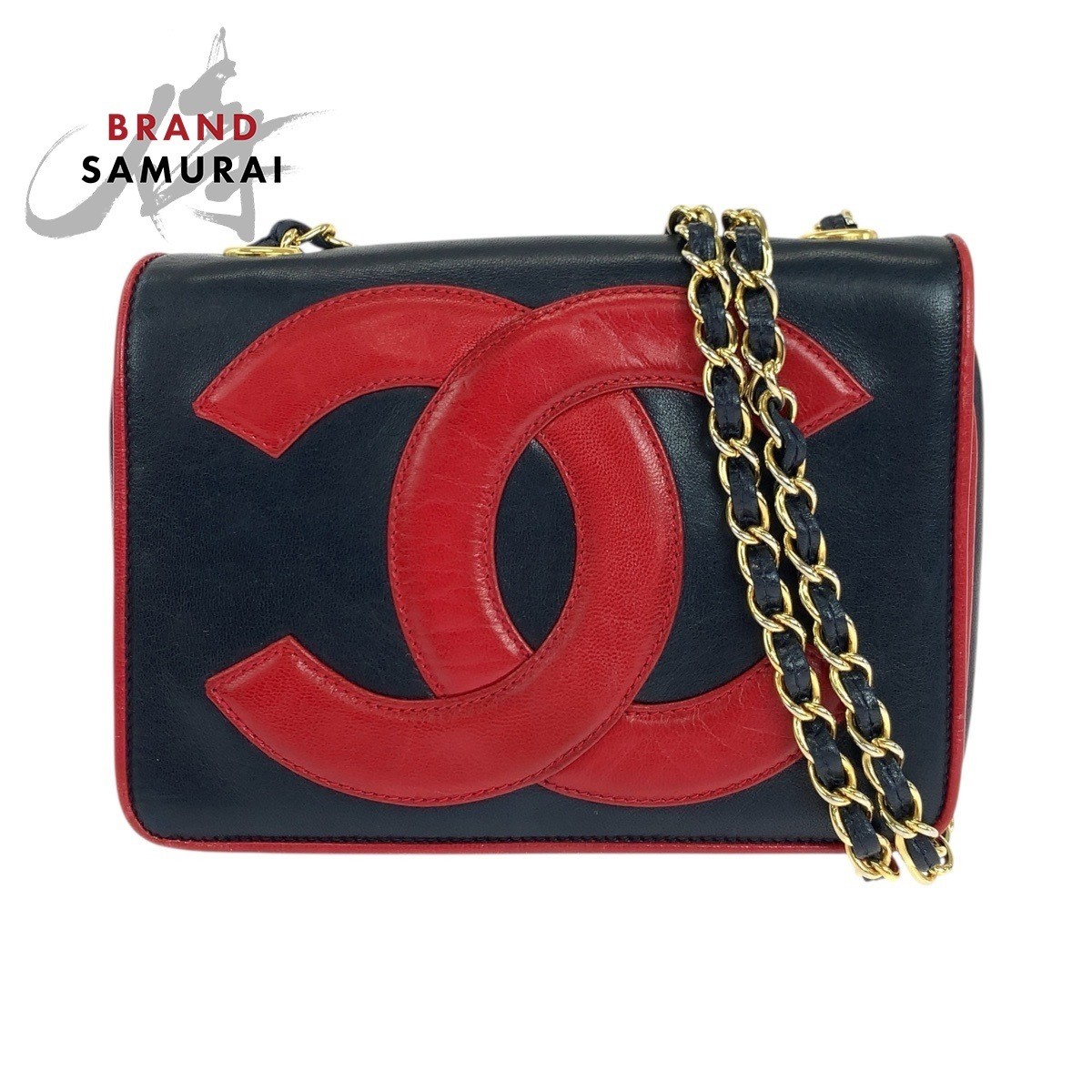 Vintage CHANEL Large Coco Mark Lambskin Bag in Navy with Red & Gold Hardware Excellent Condition