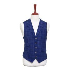 Mens Blue Plaid Vest 44R Wool Lapel Waistcoat XL Formal Wedding Prom Party Groom