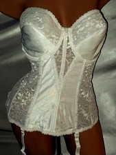 VTG LONG BRA SATIN SILKY FLORAL PIN UP POINTY WAIST NIP TUCK GARTERS CORSET D