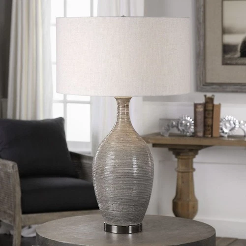 UTTERMOST 27518 DINAH TEXTURED MUSHROOM GRAY GLAZE CERAMIC DRUM SHADE TABLE LAMP - Picture 5 of 5