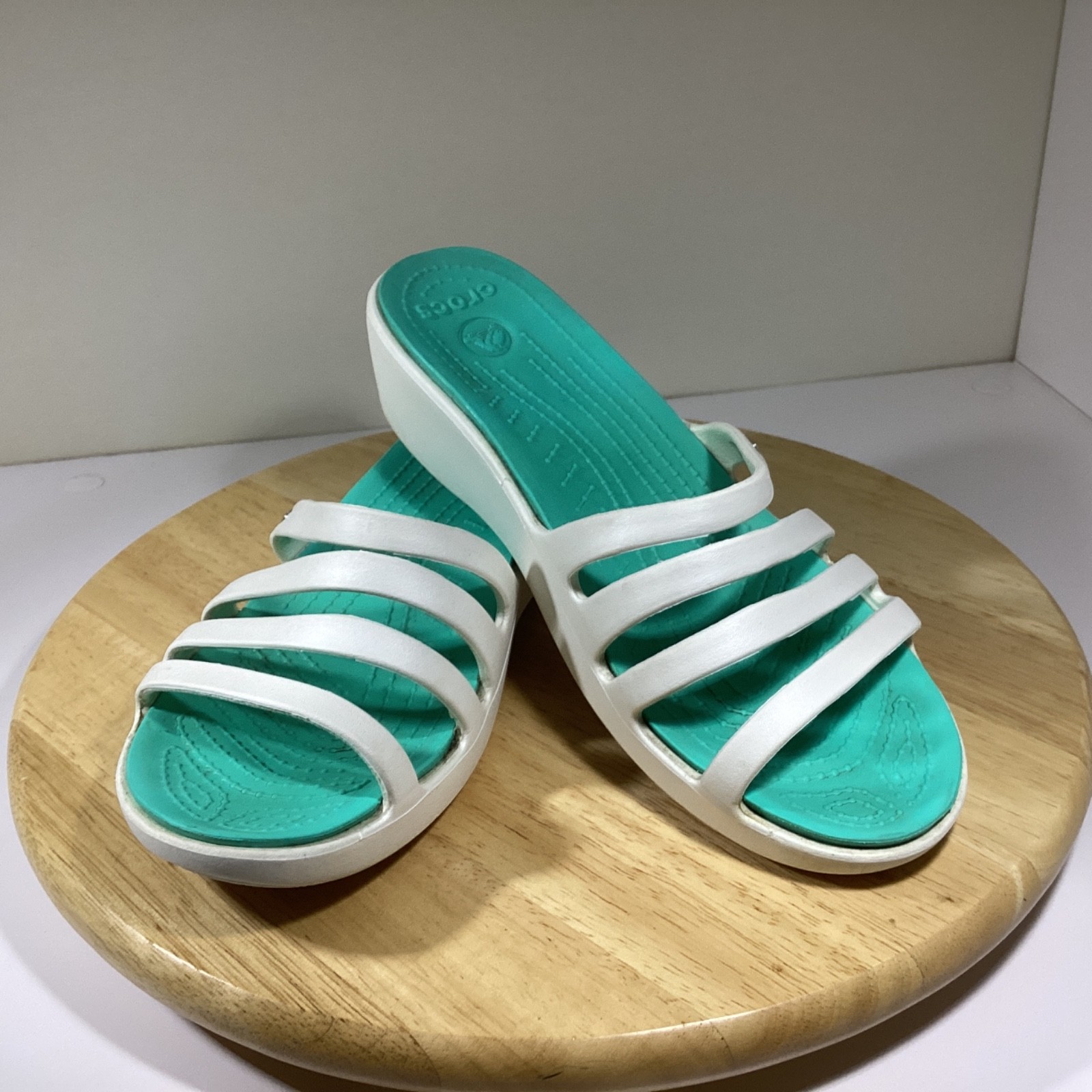 Crocs Rhonda Wedge Sandals Women's Size US 8 M White and Island Green Slides