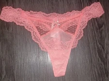 NeW Vs floral lace & Flocked Dot Mesh Thong Panty Size Medium Neon Peach