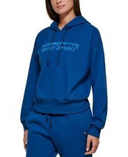 NWT DKNY SPORT Women's Sz S Mirror-Logo Printed Fleece Pullover Hoodie Top Blue