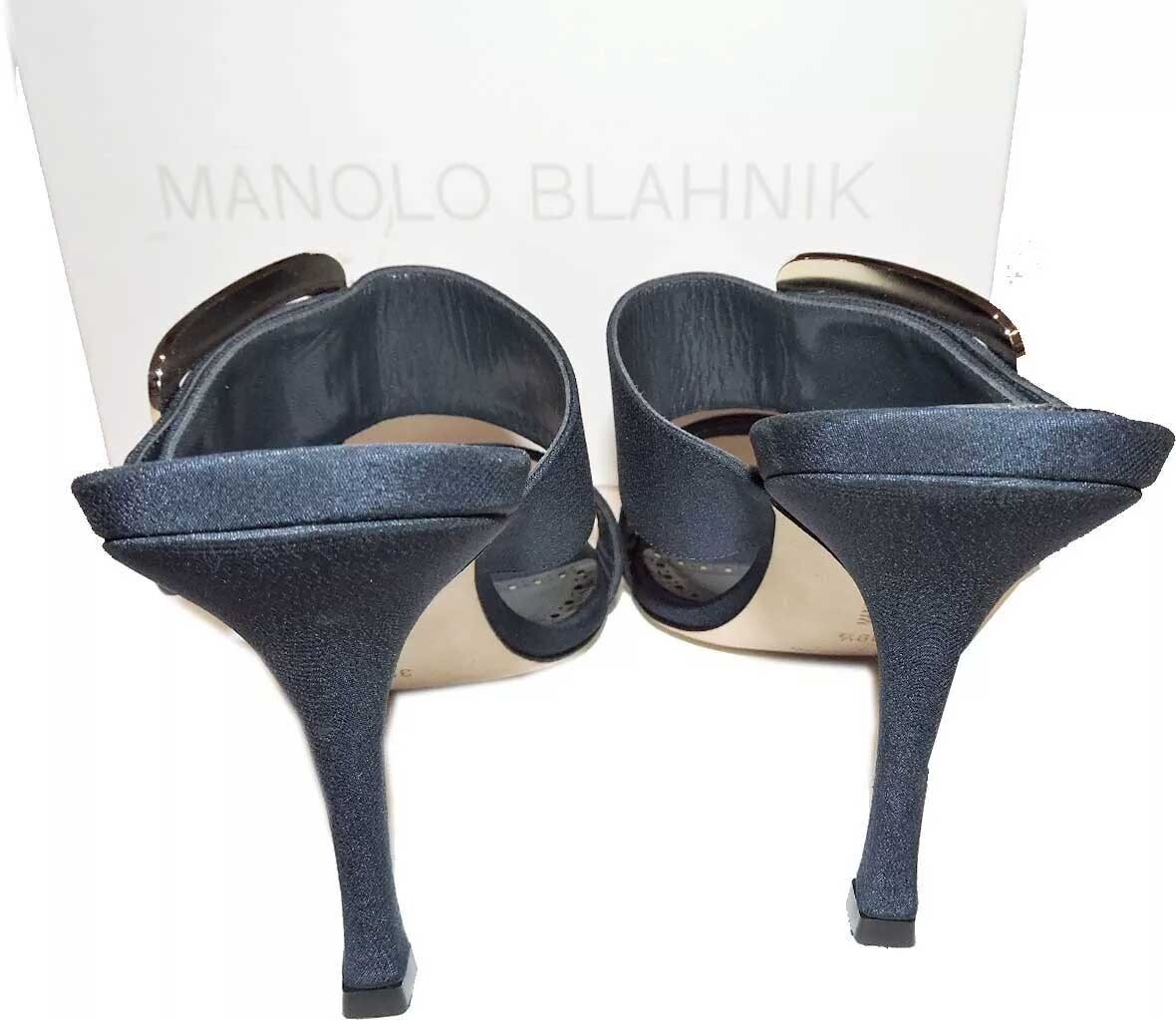 SZ 39.5 Manolo Blahnik Sandals Buckle Slides Navy Blue Satin