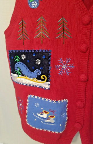 Chaleco Suéter Rojo Navidad Feo Talla XL Parche Adornado Trabajo Temas Vacaciones - Imagen 4 de 6