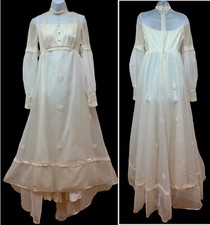 Vtg Prairie Wedding Gown Sheer Puff Sleeve Daisies Cottagecore Bridal 28" Waist