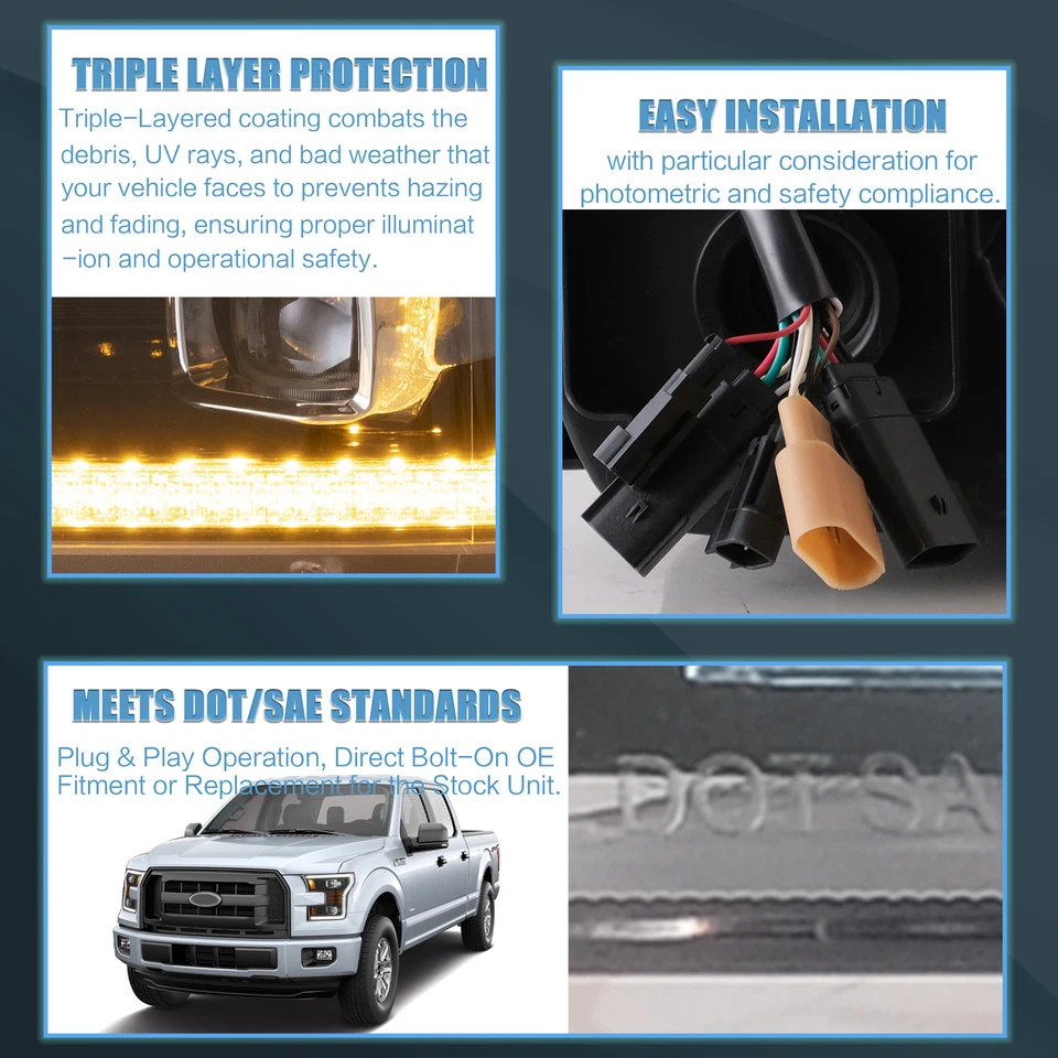 VLAND Fit FORD F150 XL XLT SSV 2015-2017 LED Projector Headlights White Pair - Image 4 of 4