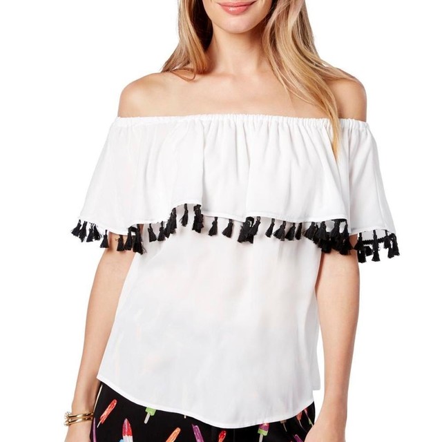 INC Womens 89 WHITE Ruffled OFF SHOULDER Tassel PEASANT BLOUSE TOP