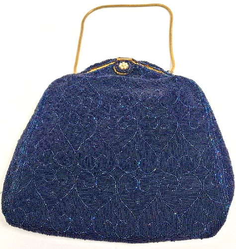VINTAGE OBERON PARIS NAVY BLUE BEADED CLUTCH PURSE BLUE WHITE AND GREEN GLASS - Picture 3 of 9