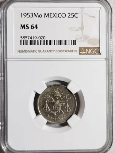 Mexico 25 Centavos 1953 Mo NGC MS 64