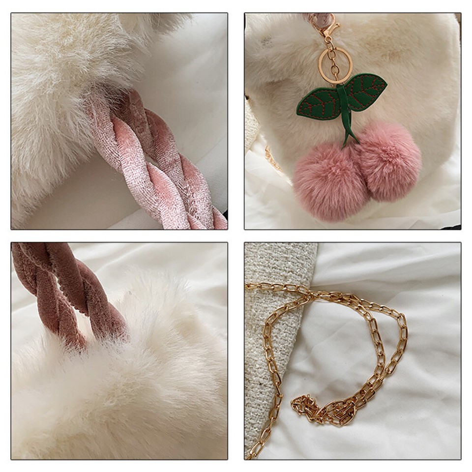 Plush Cherry Bucket Bag Casual Crossbody Bag Portable Chain Soft Cute