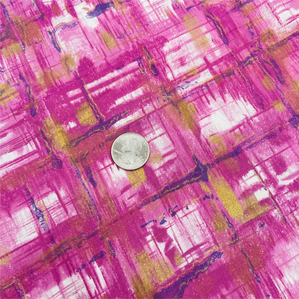 Tela Sheryl Roy SSI Rosa Púrpura Metálico Dorado Abstracto Acuarela Algodón 28x43 Foto 3 de 4